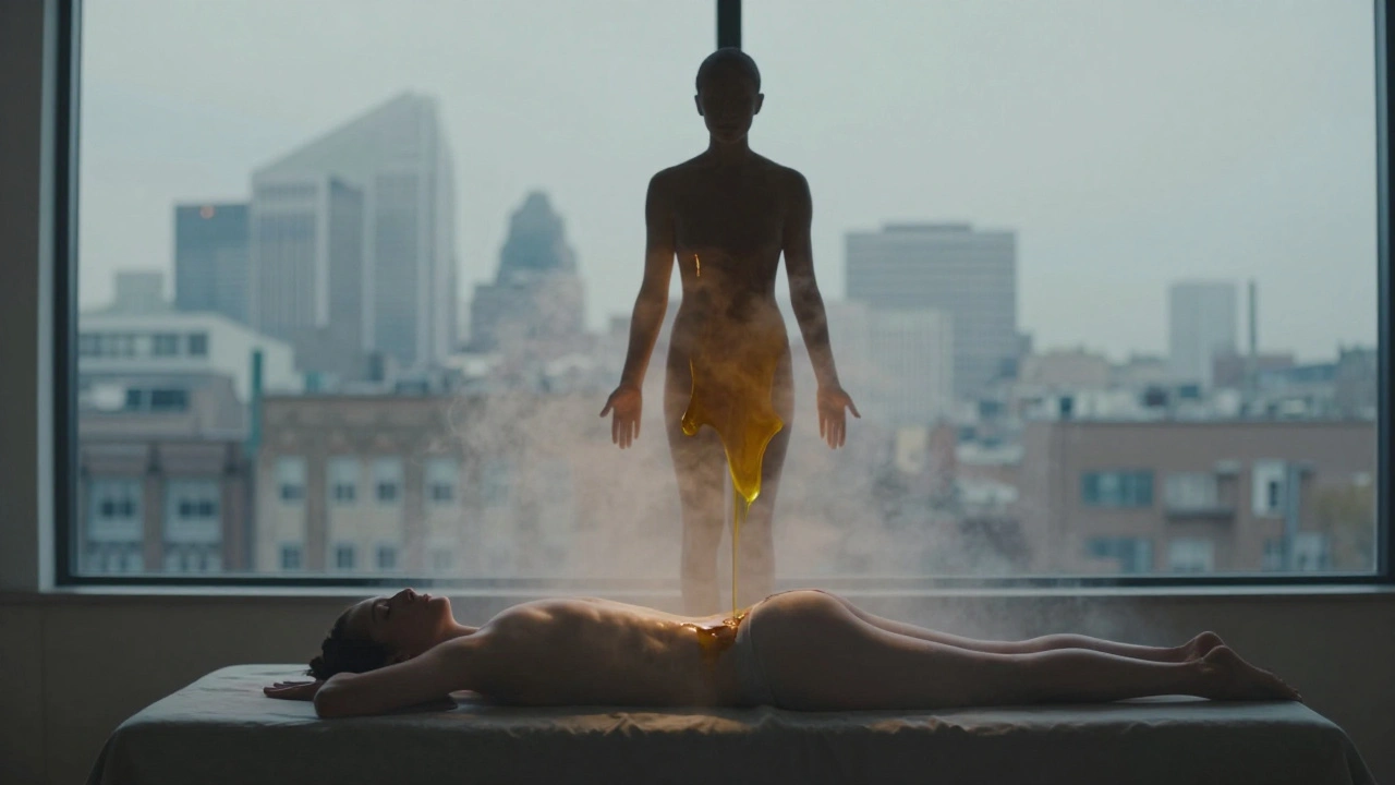 Surreal oil-and-mist silhouette symbolizing healing energy over a relaxed client in a quiet studio.