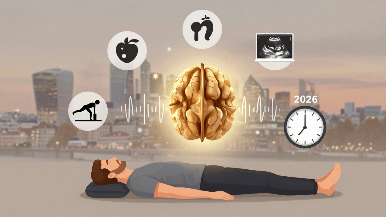 Symbolic illustration of prostate health with a glowing gland, hydration, and pelvic therapy icons against a London sunset.
