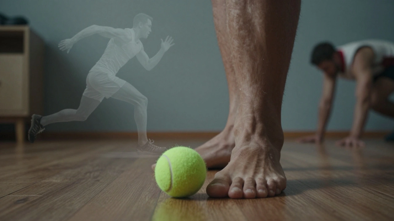 Tennis ball rolling under runner's foot with subtle overlays of athletic movement.