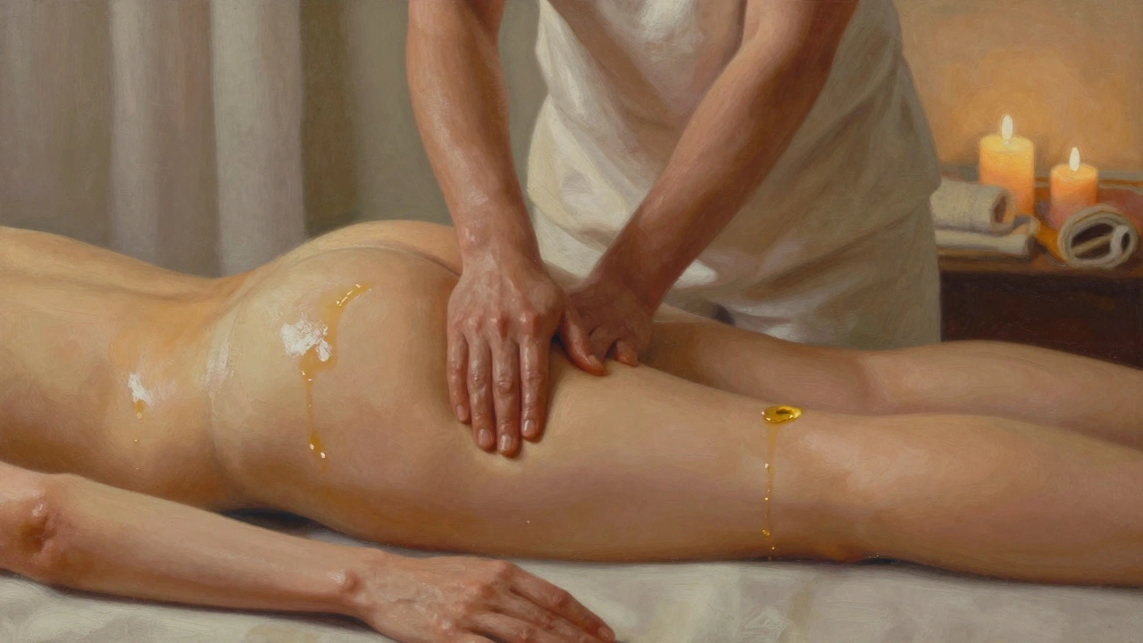 Therapist's hip and thigh gently pressing along client's leg during body-to-body massage.