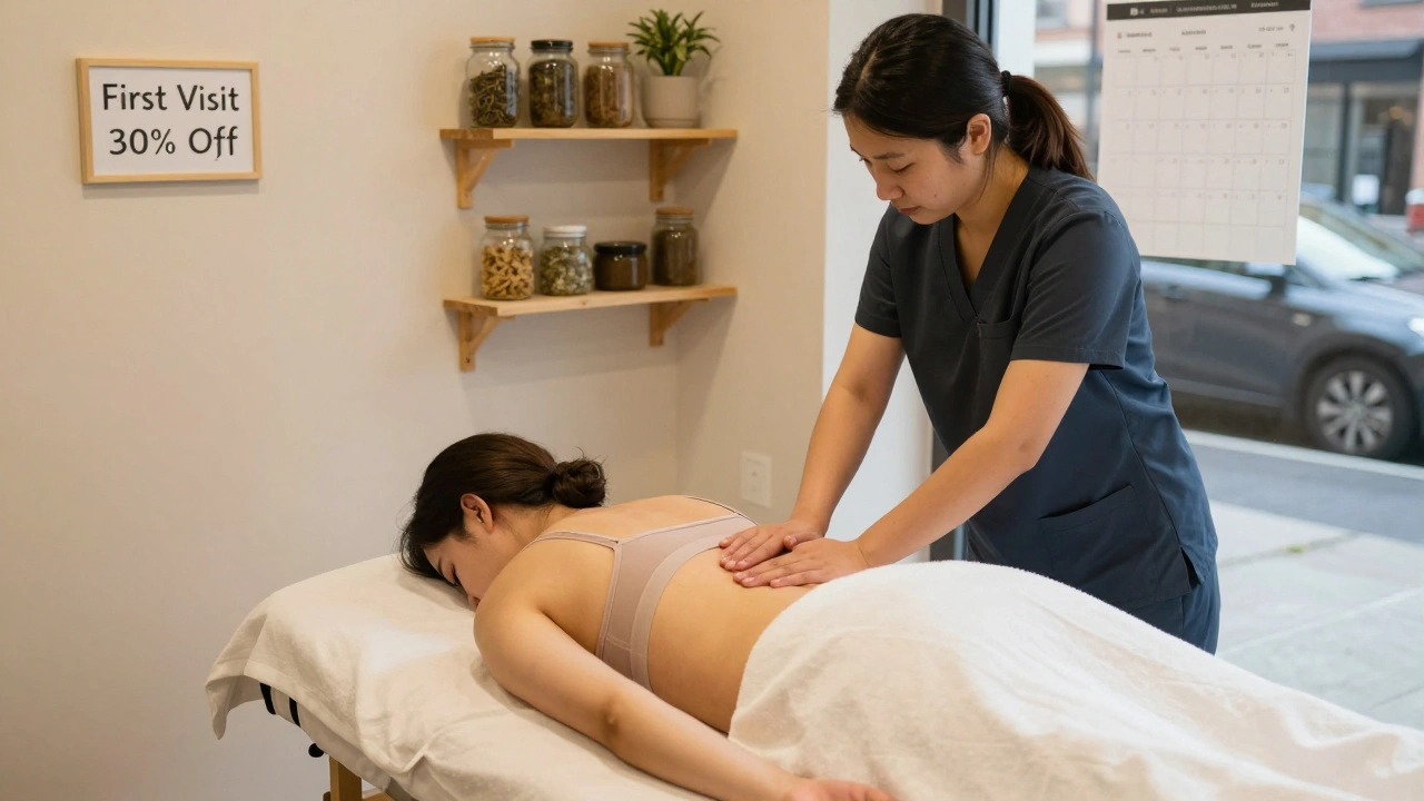 Therapist gently working on a client during a Swedish massage in a clean, modest wellness center with a first-time discount sign.