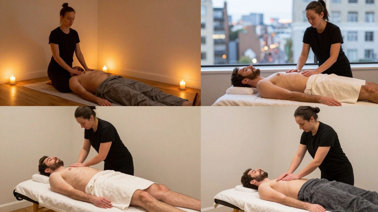 Three different London studios offering lingam massage styles: tantric, prostate-focused, and sensual — each calm, professional, and respectful.