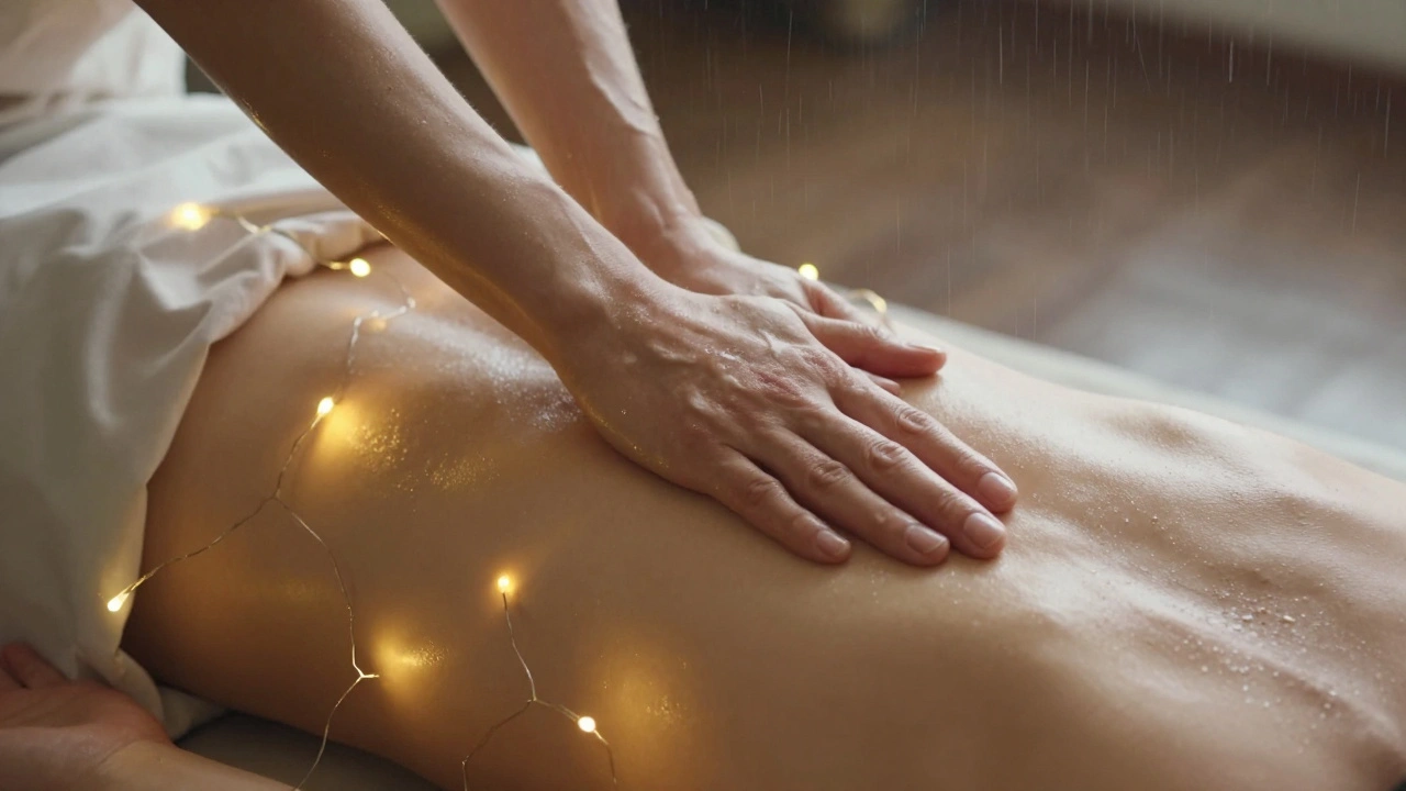 Two hands gently massaging a bare back with oil, illuminated by warm fairy lights on a silk-draped surface.