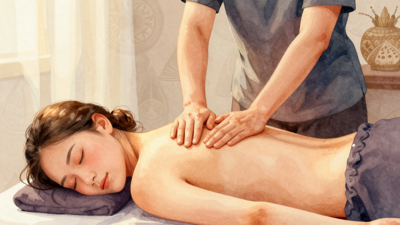 Watercolor depiction of therapist using body weight to release tension in a serene, sunlit room.