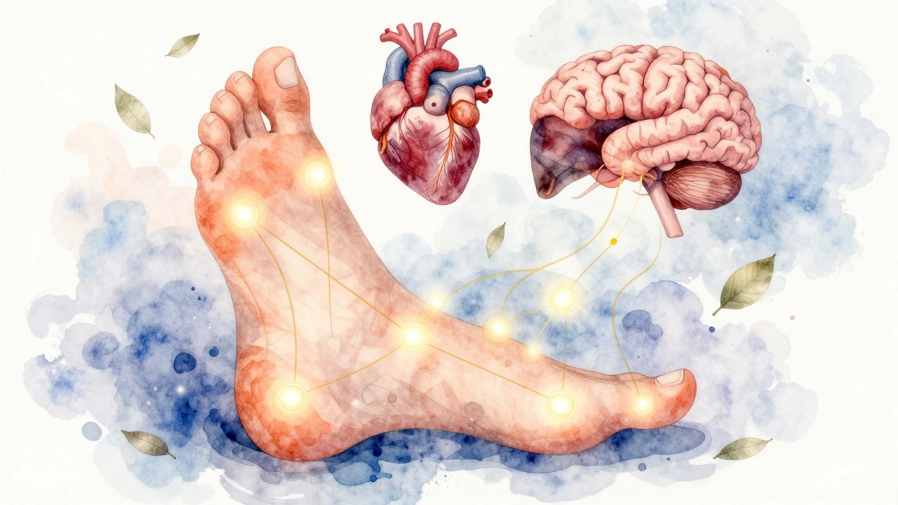 Watercolor illustration of a foot with glowing pressure points linked to floating organs.