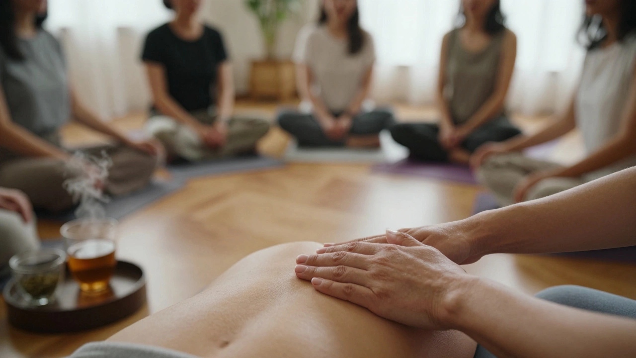 Women participating in a quiet self-yoni massage workshop, supporting each other in a nurturing circle.
