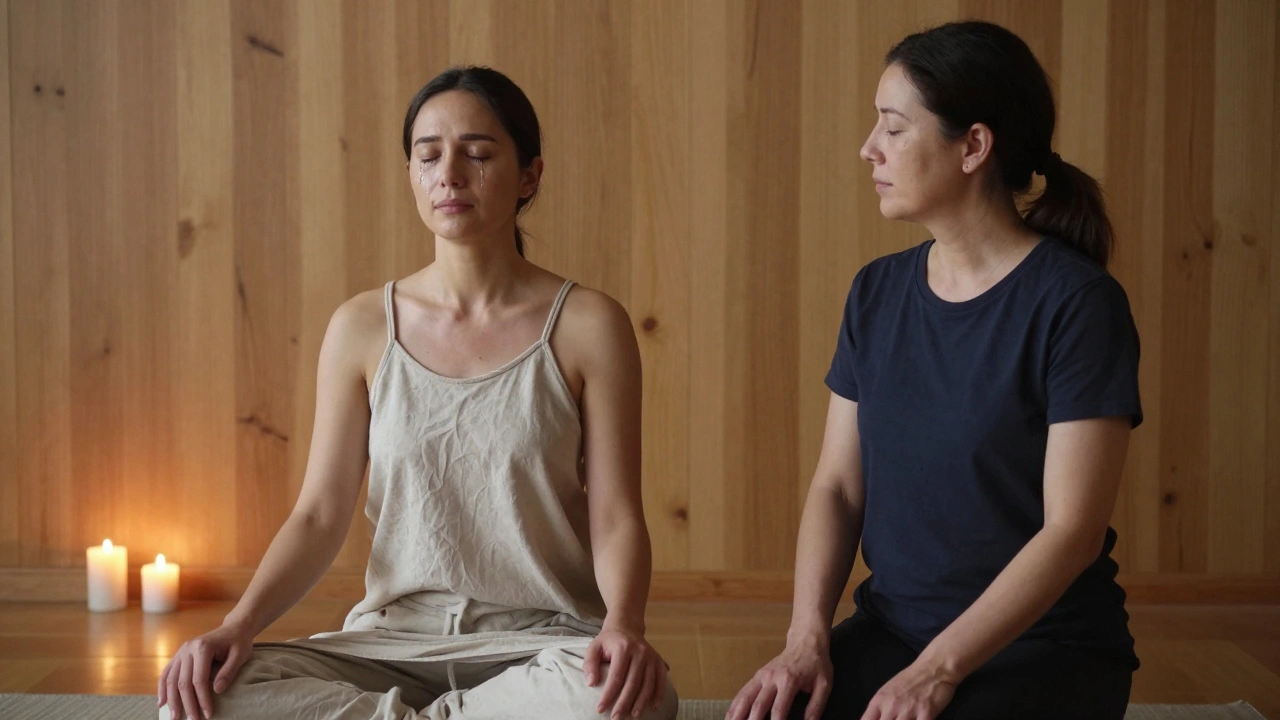 A client quietly crying with emotional release as a practitioner sits nearby in a serene, minimalist space during a tantra session.