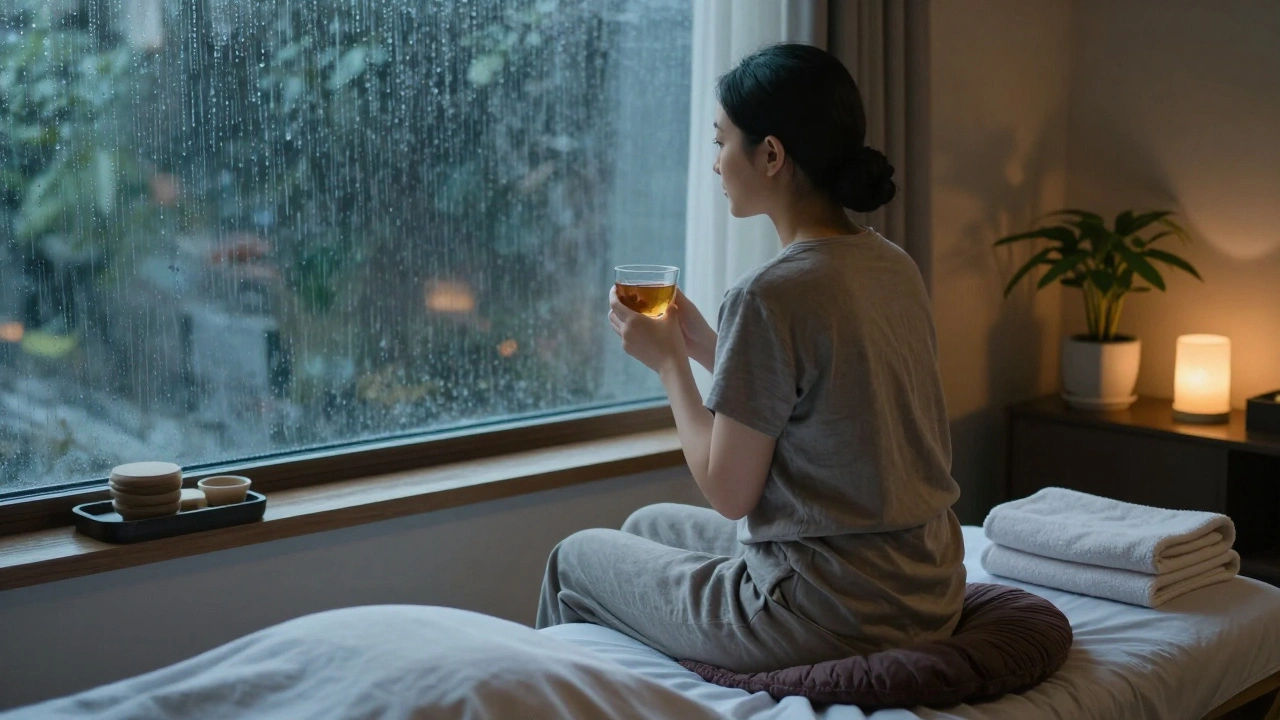 A client sits peacefully after a massage, holding tea and gazing out a window as rain falls, embodying deep emotional release.