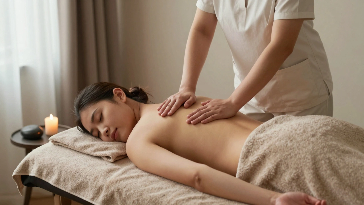 A licensed therapist uses body pressure to release tension in a fully draped client during a professional, non-sexual therapeutic session.