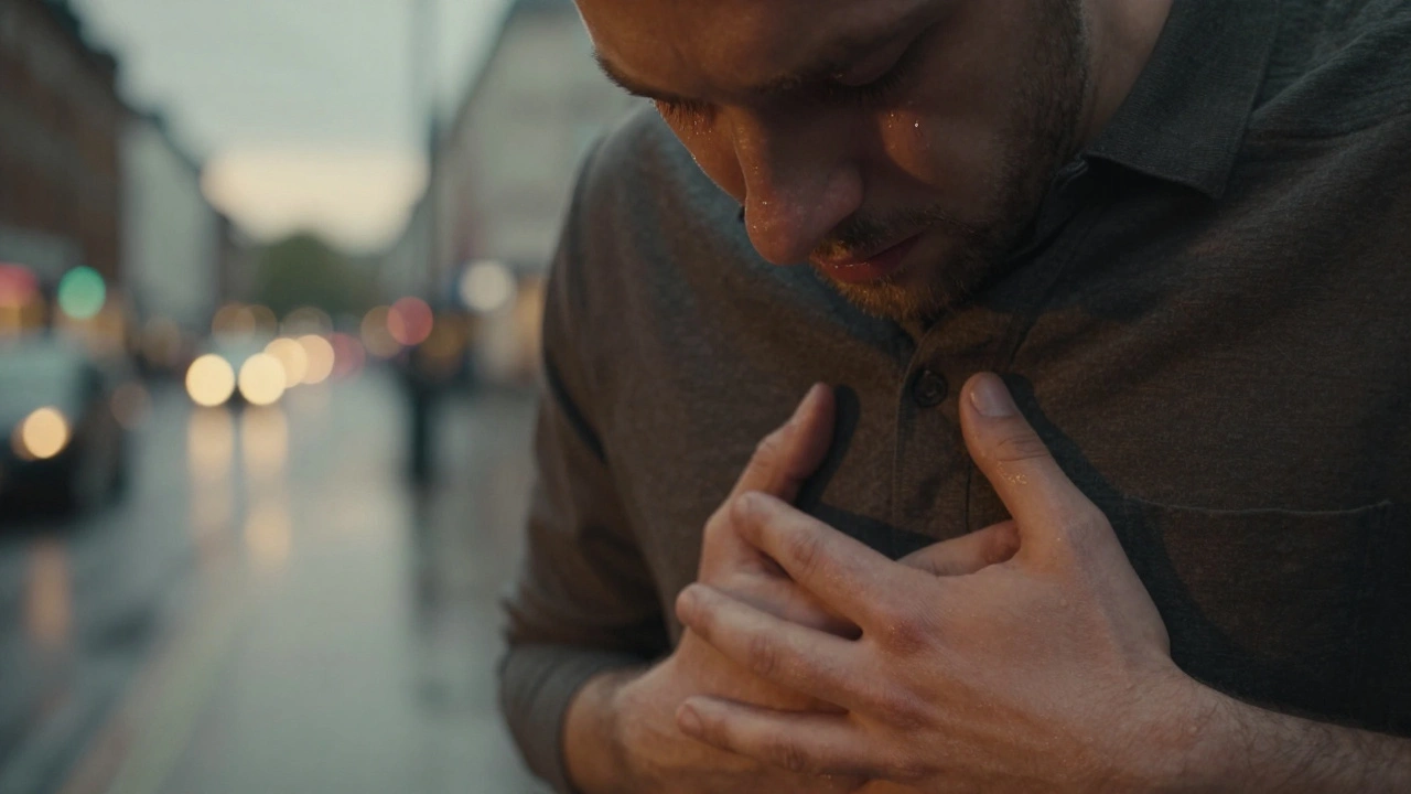 A man's hands on his abdomen, eyes closed, tears on his cheeks, with a blurred London cityscape behind him.