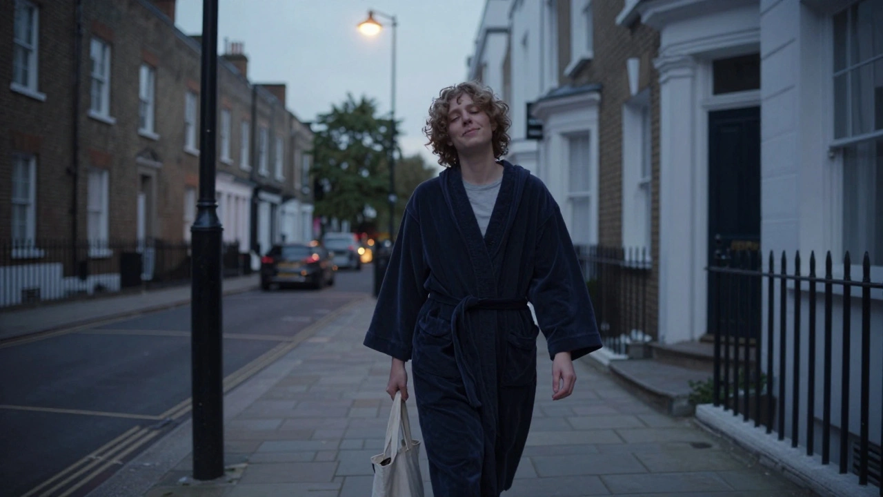 A person walking away from a discreet London studio at twilight, looking peaceful and grounded.