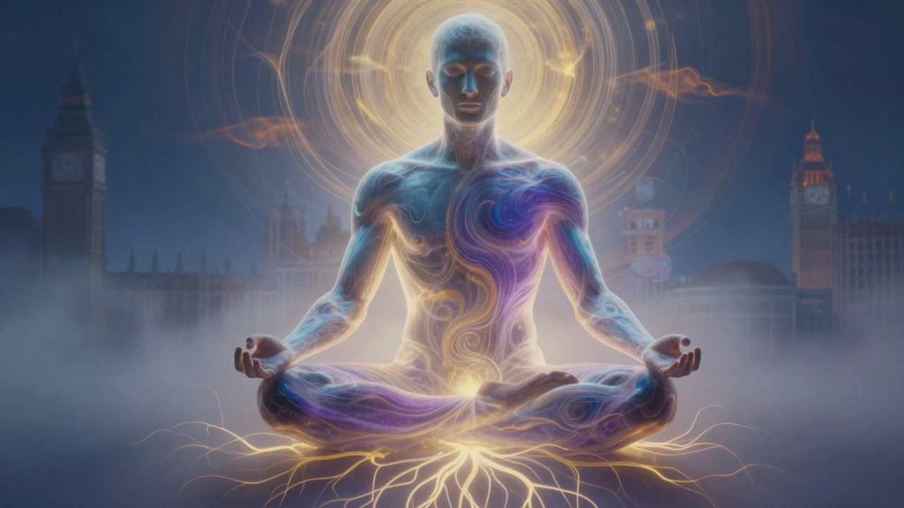 A symbolic figure with glowing energy radiating from the lower body, surrounded by ethereal colors and fading London silhouettes.