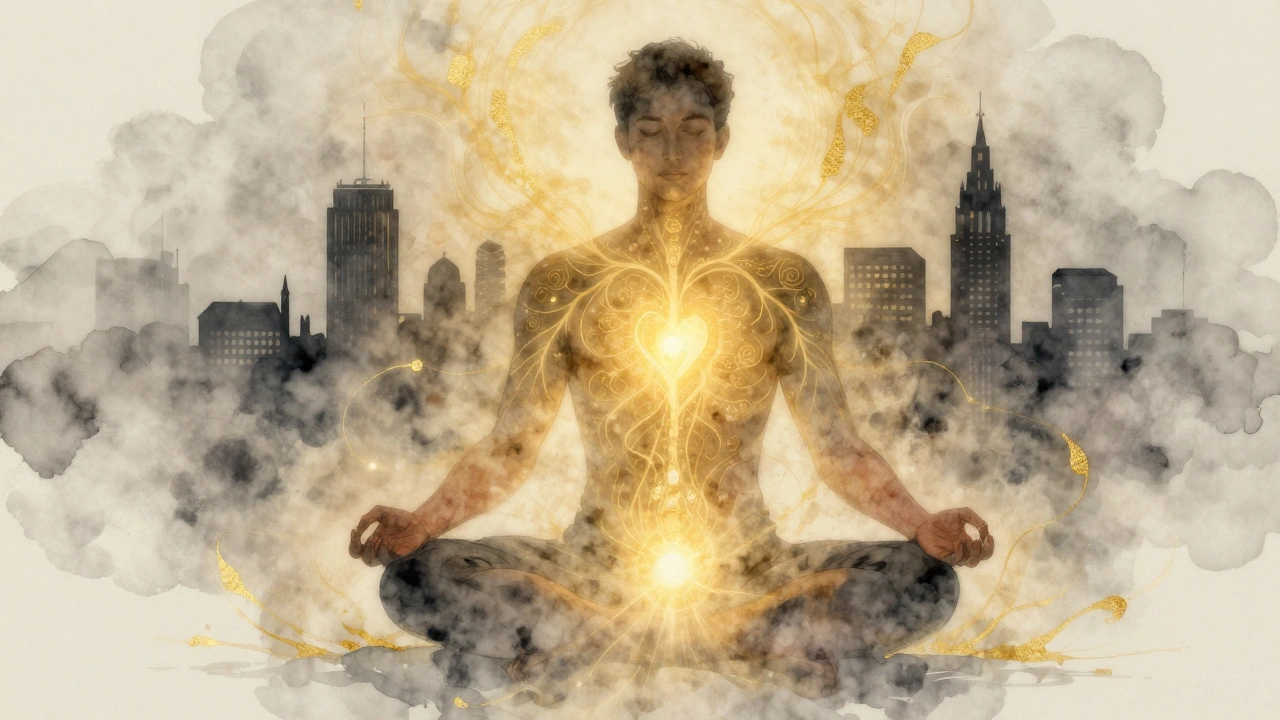 A symbolic image of golden energy flowing from the pelvic area up through the spine, with London's skyline fading into mist around a meditating man.