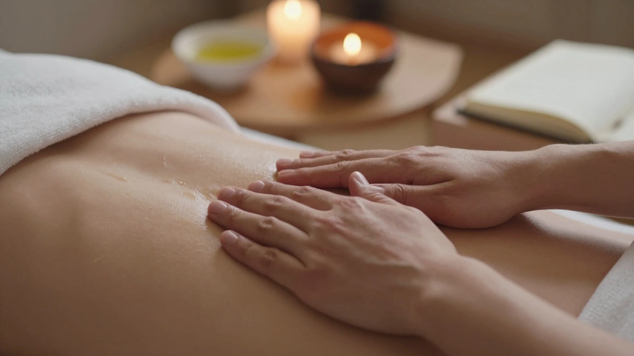Close-up of a man's hands resting on his abdomen during a lingam massage, with warm oil glistening and soft ambient light.