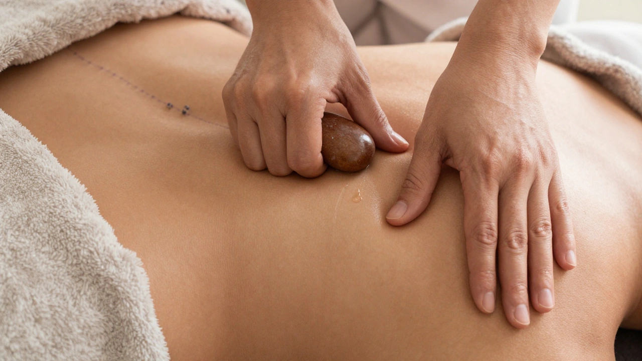 Close-up of hands working on a lower back during a deep tissue massage with a heated stone nearby.