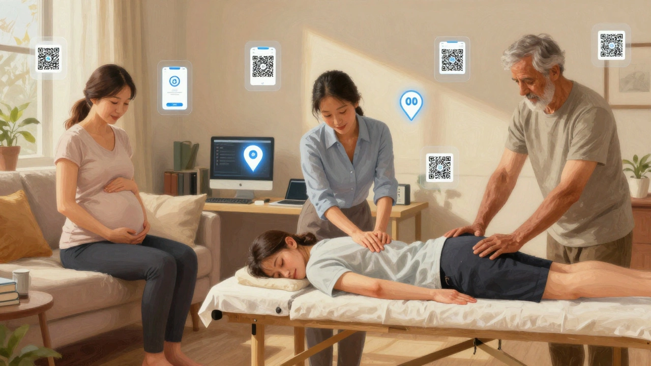 Diverse clients receiving outcall massages at home, work, and during pregnancy, connected by digital app icons.