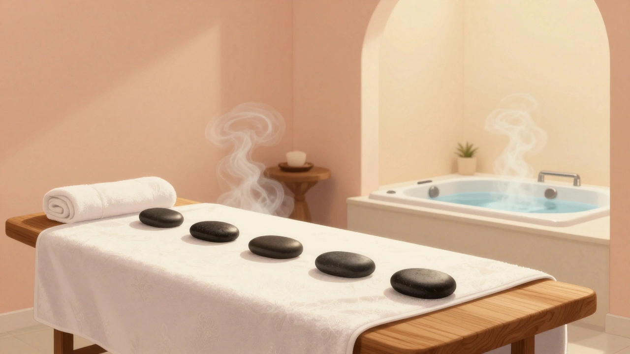 Empty luxury spa room with heated stones and steam from a hot tub