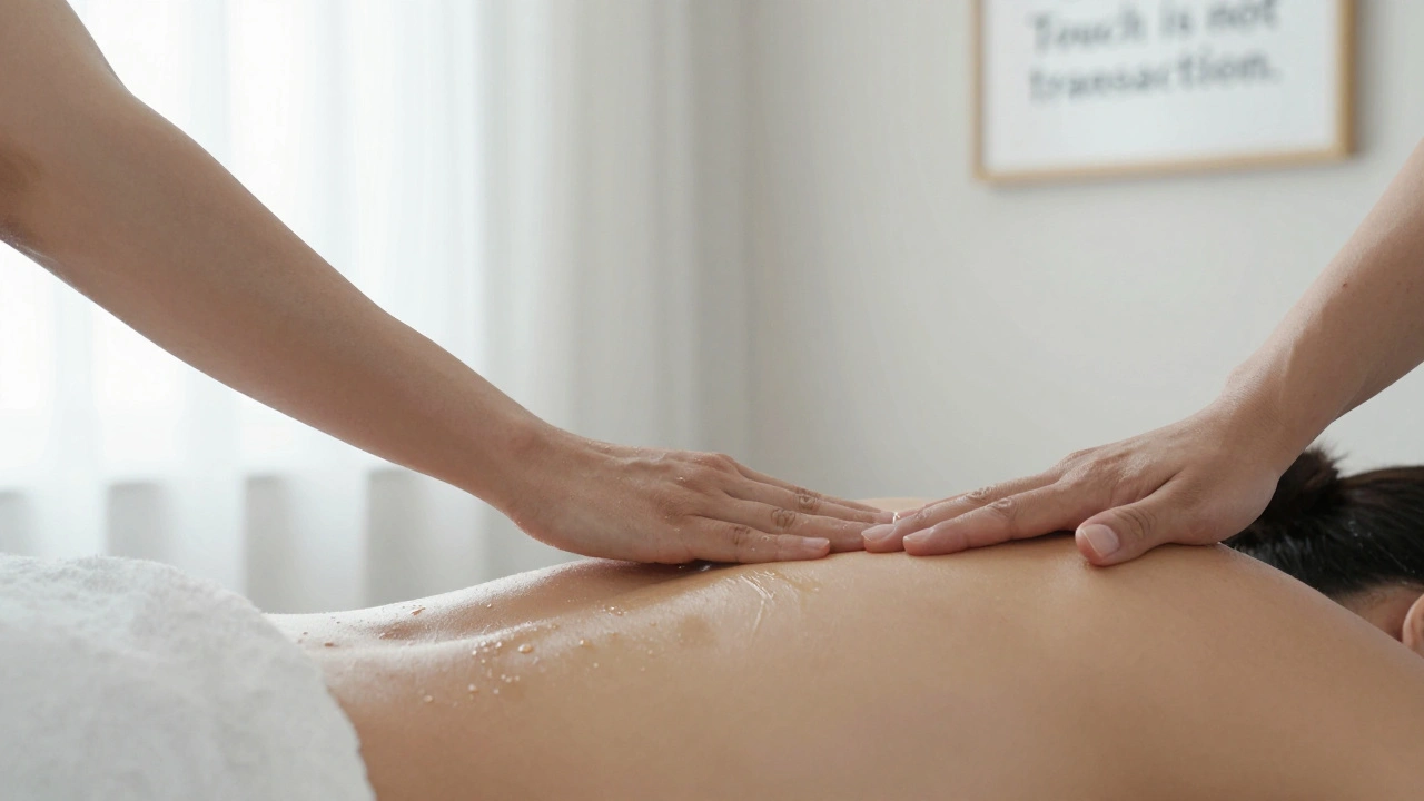 Gentle hands applying oil to a back in a calm, well-lit treatment room.