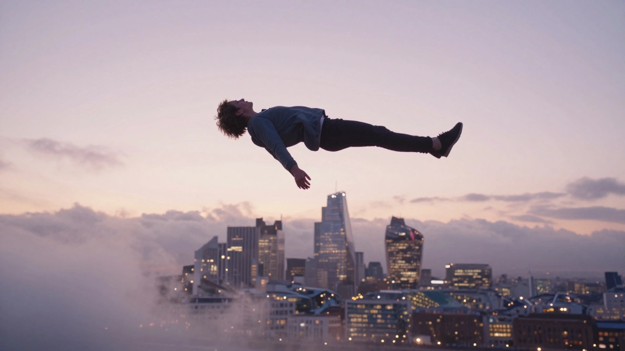 Person floating on clouds above London skyline, symbolizing emotional calm