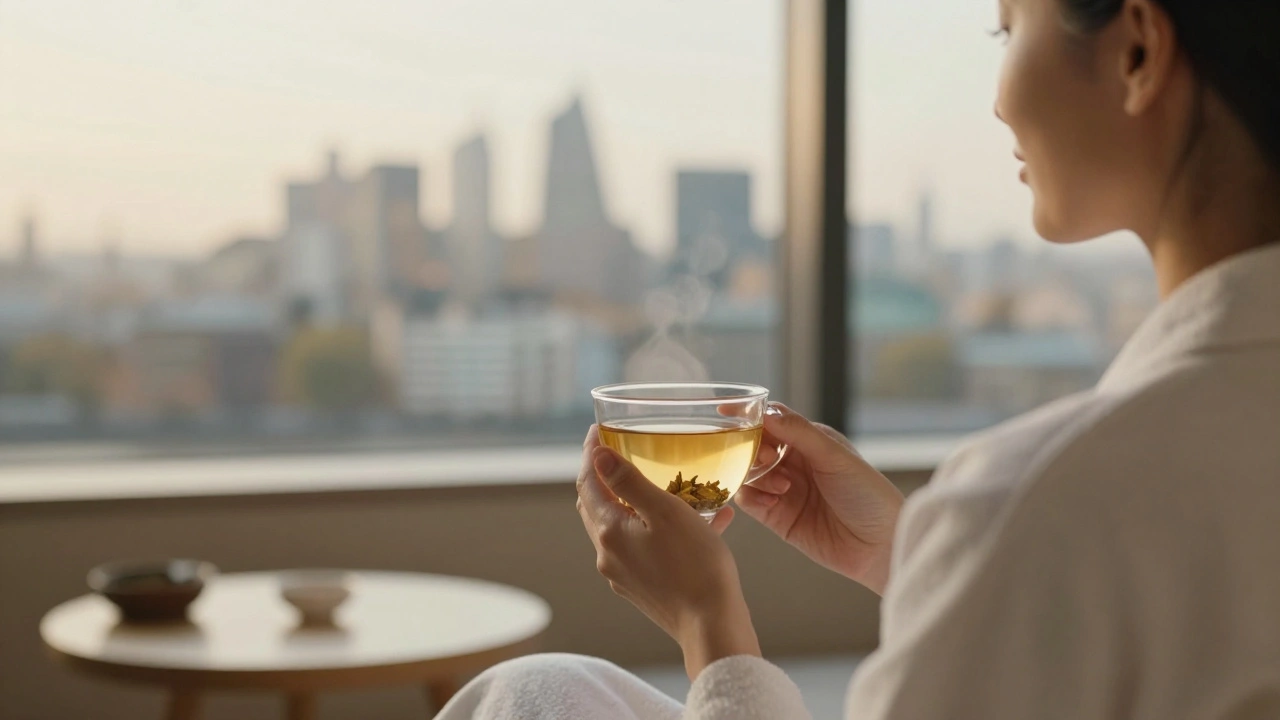 Person relaxing with herbal tea overlooking London skyline