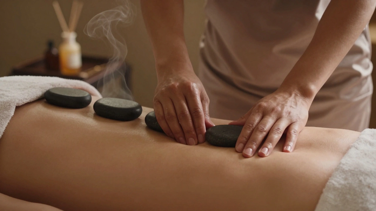Skilled hands performing a deep tissue massage with warm stones along the spine, oil bottles nearby.
