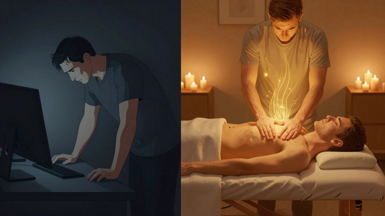Split image: stressed man at office desk versus relaxed man in soothing massage space, symbolizing emotional release and bodily reconnection.