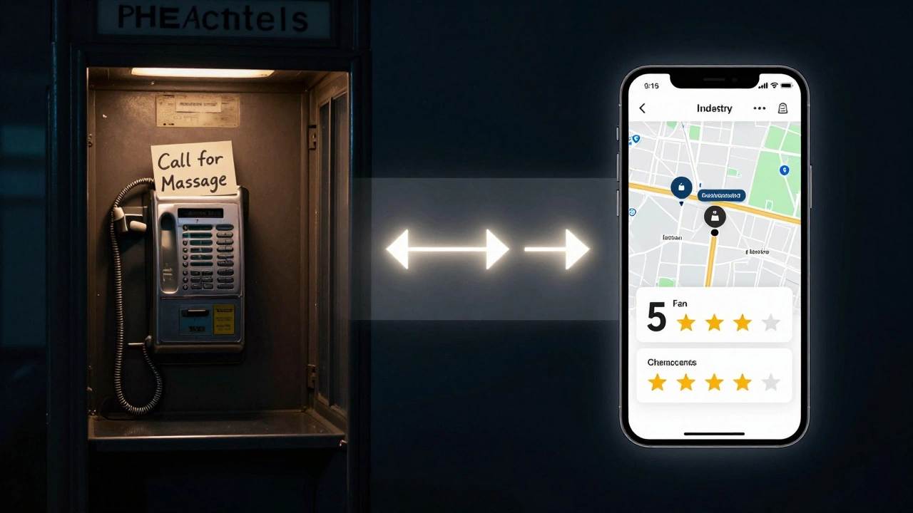Split-screen contrast: old phone booth for massage booking vs. modern smartphone app with real-time therapist availability.