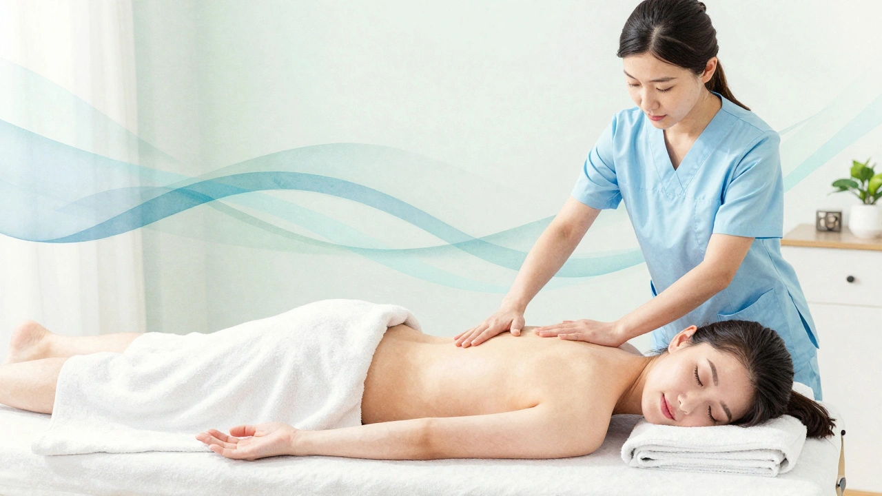 Therapist gliding over client's body during nuru session, towels draped, peaceful room.